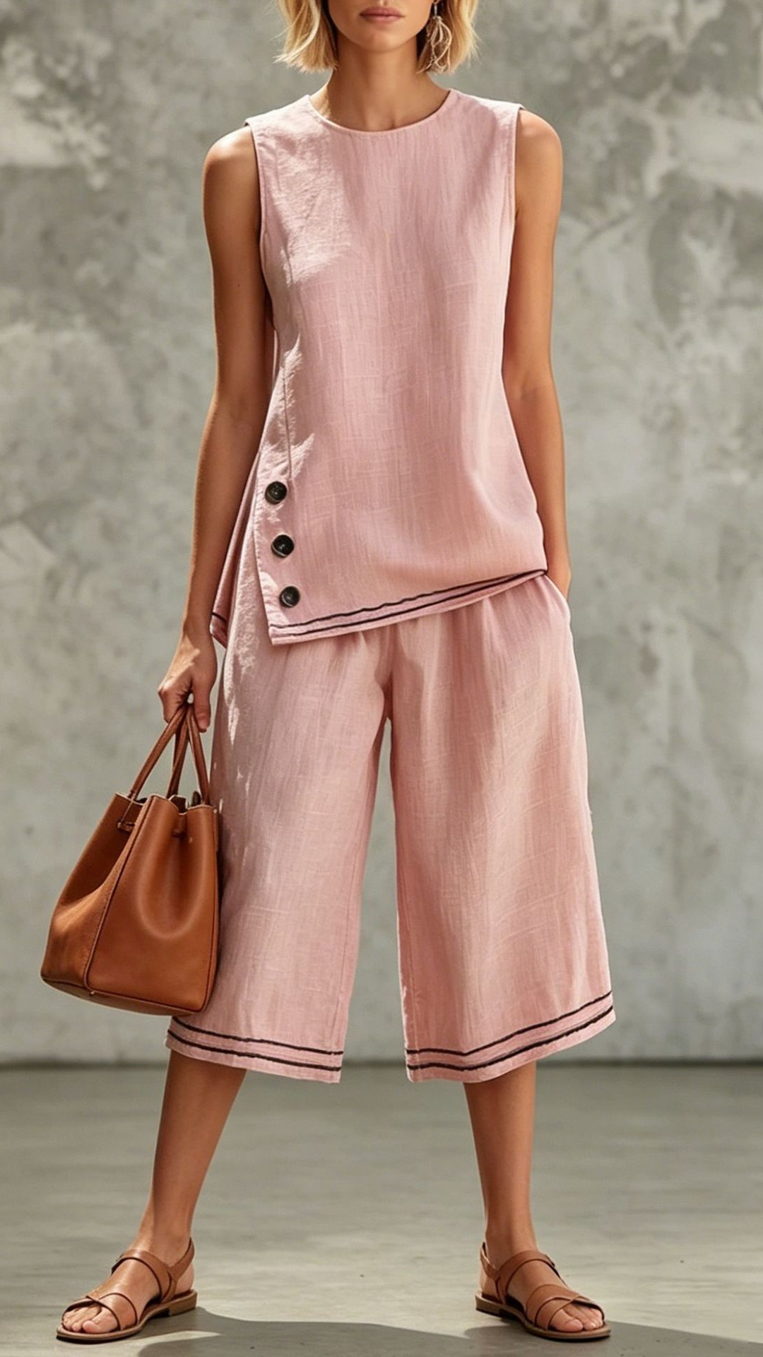 Women's Sleeveless Side-Slit Vest & Wide-Leg Cropped Pants — Cotton-Linen Two-Piece Set - Nordfashionstorm - Women's Clothing, Fashion for You - Nordfashionstorm.com