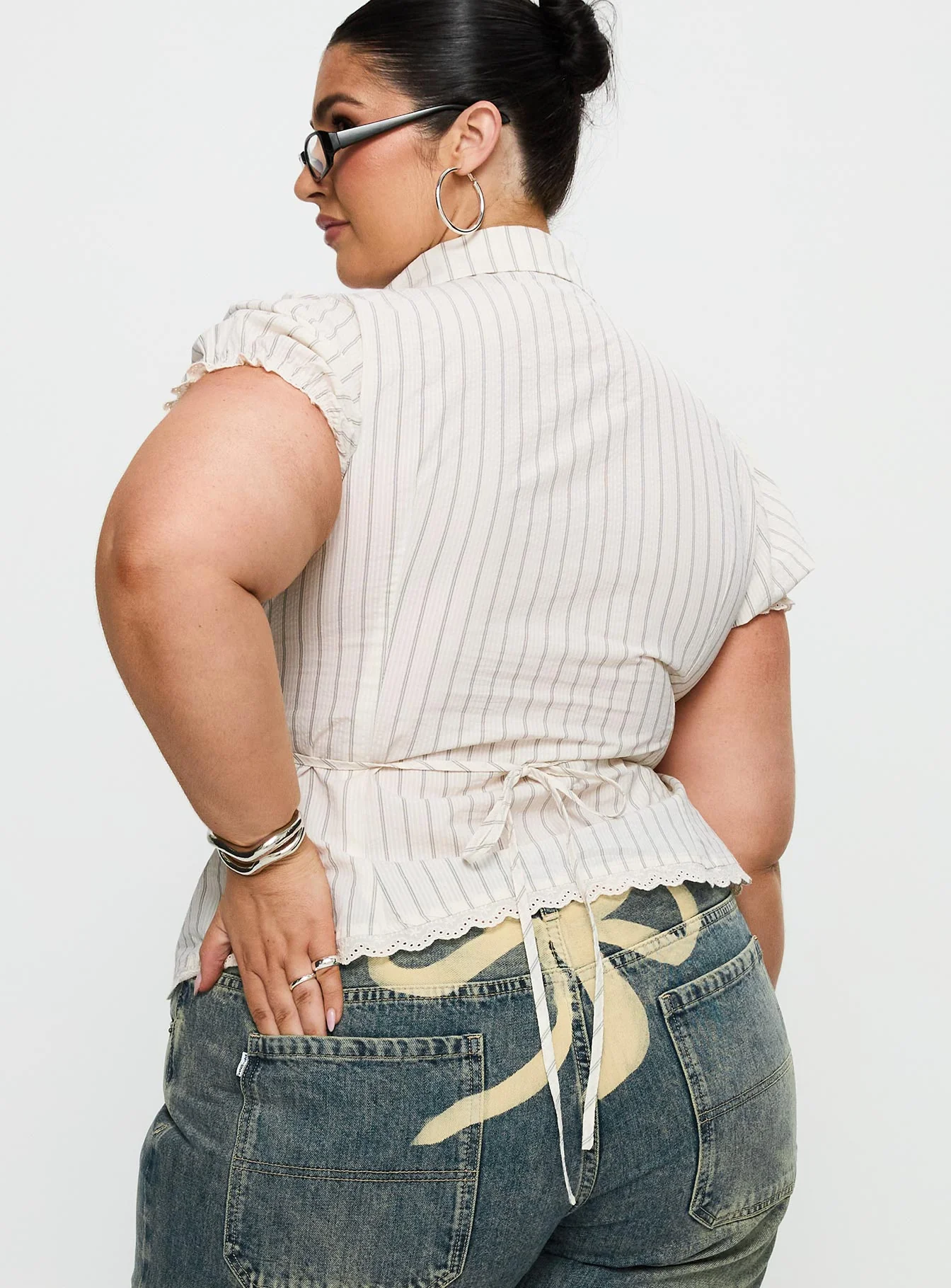 Deserve You Puff Sleeve Button Front Top Cream Stripe Curve