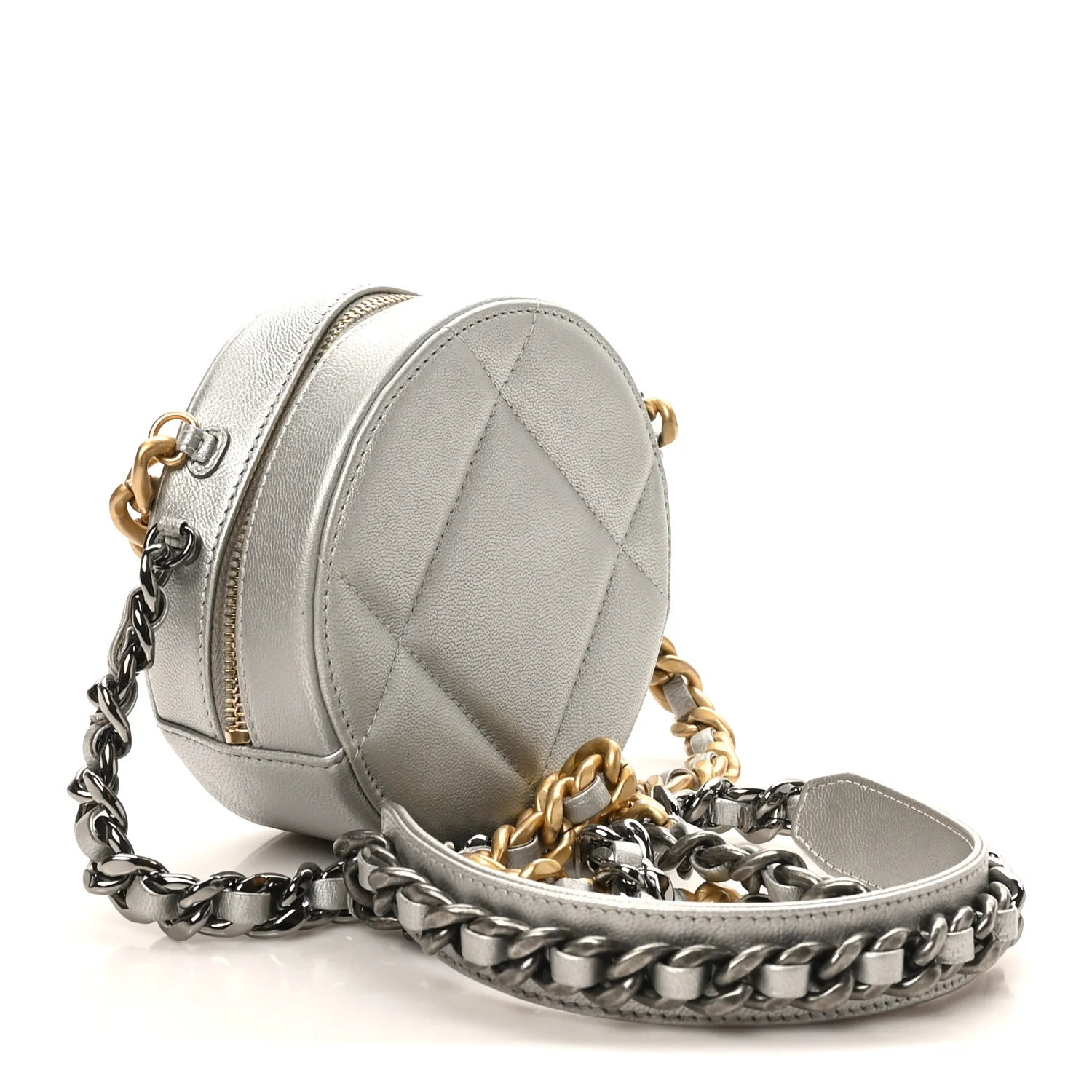 Metallic Lambskin Quilted Chanel 19 Round Clutch With Chain Silver - Top Club