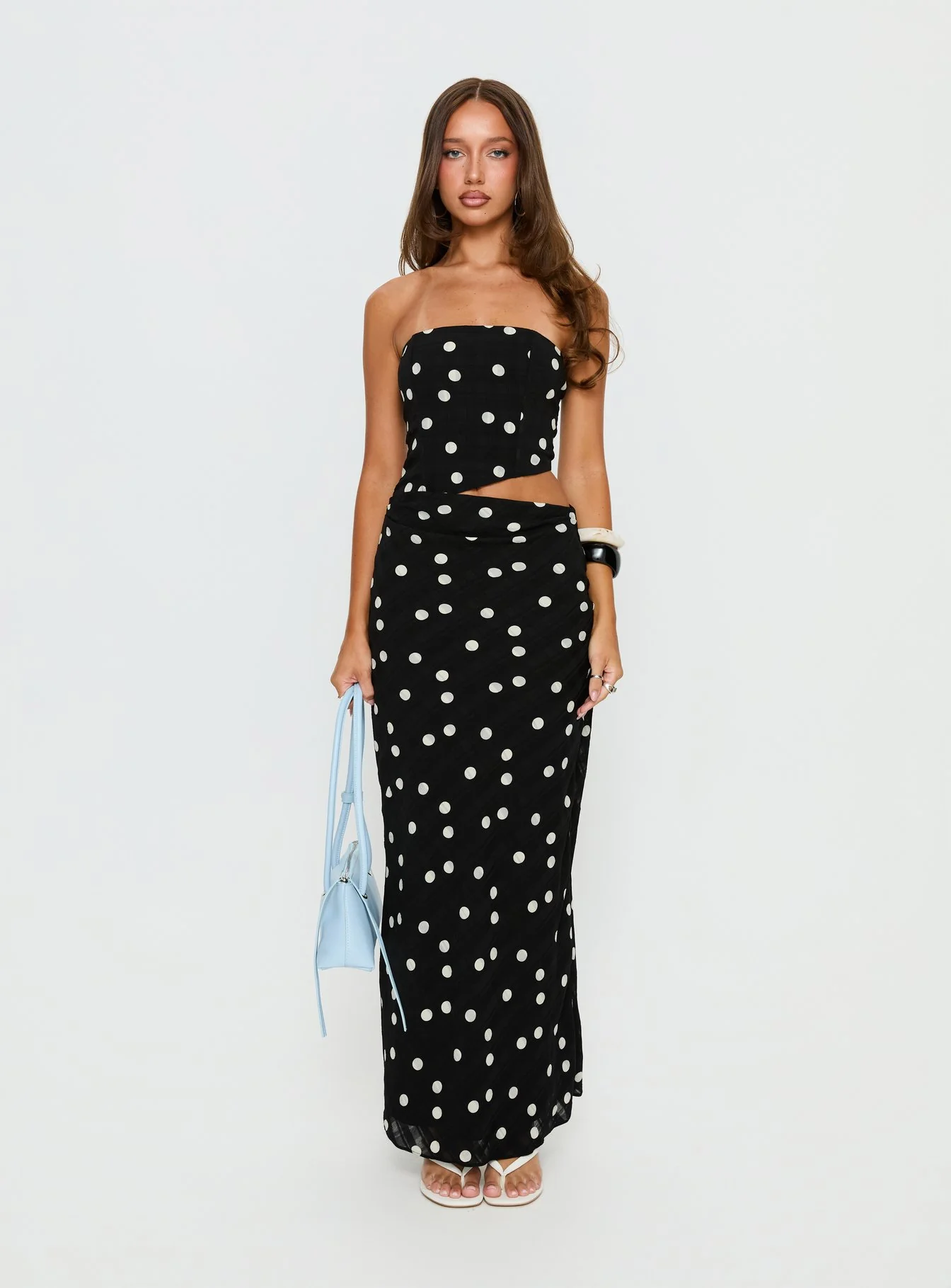 Jasira Strapless Drape Maxi Dress Black Polka Dot