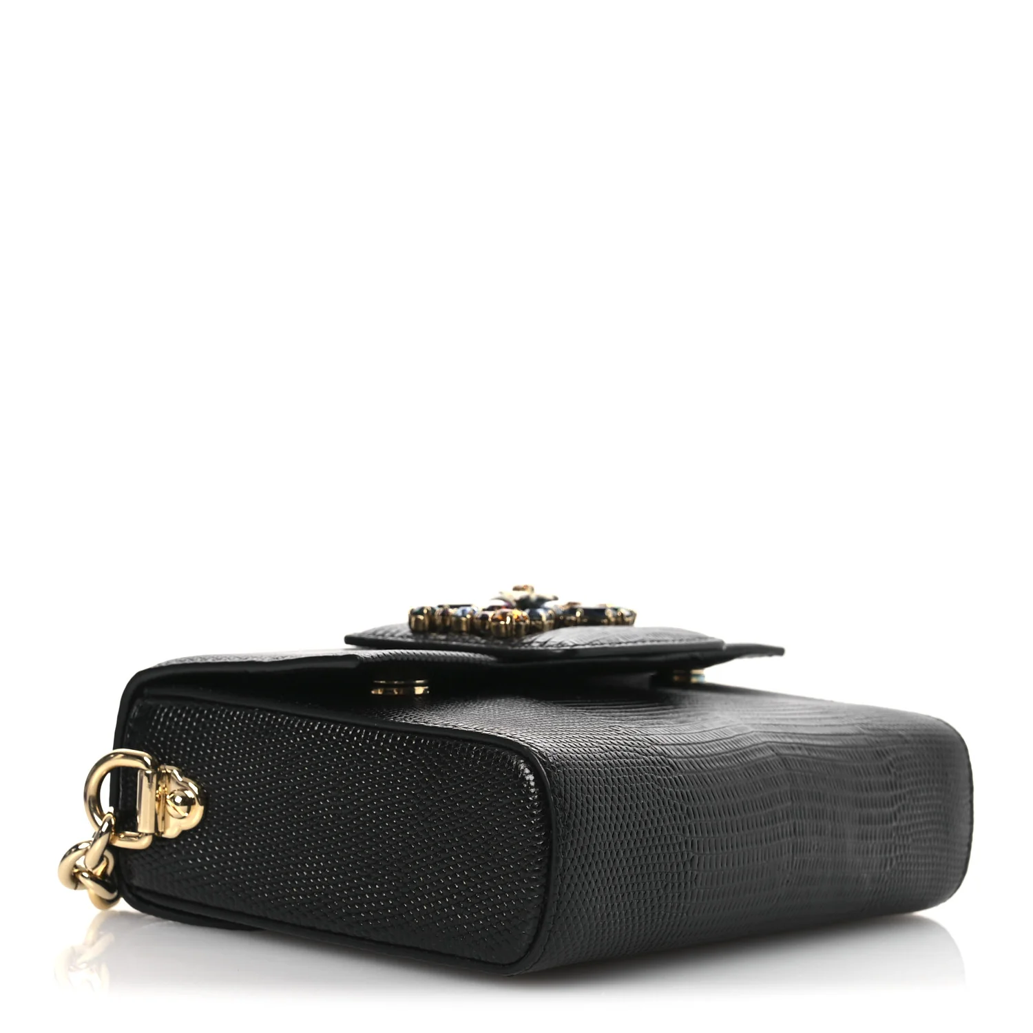 Lizard Embossed Crystal Embellished DG Millennials Mini Crossbody Bag Black - Top Club
