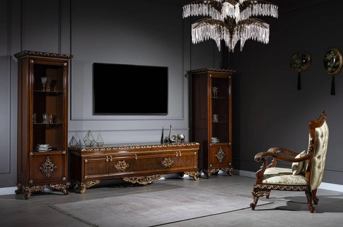 Luxury Baroque Display Cabinet Brown / Gold - Handcrafted Solid Wood Display Cabinet - Baroque Living Room Furniture