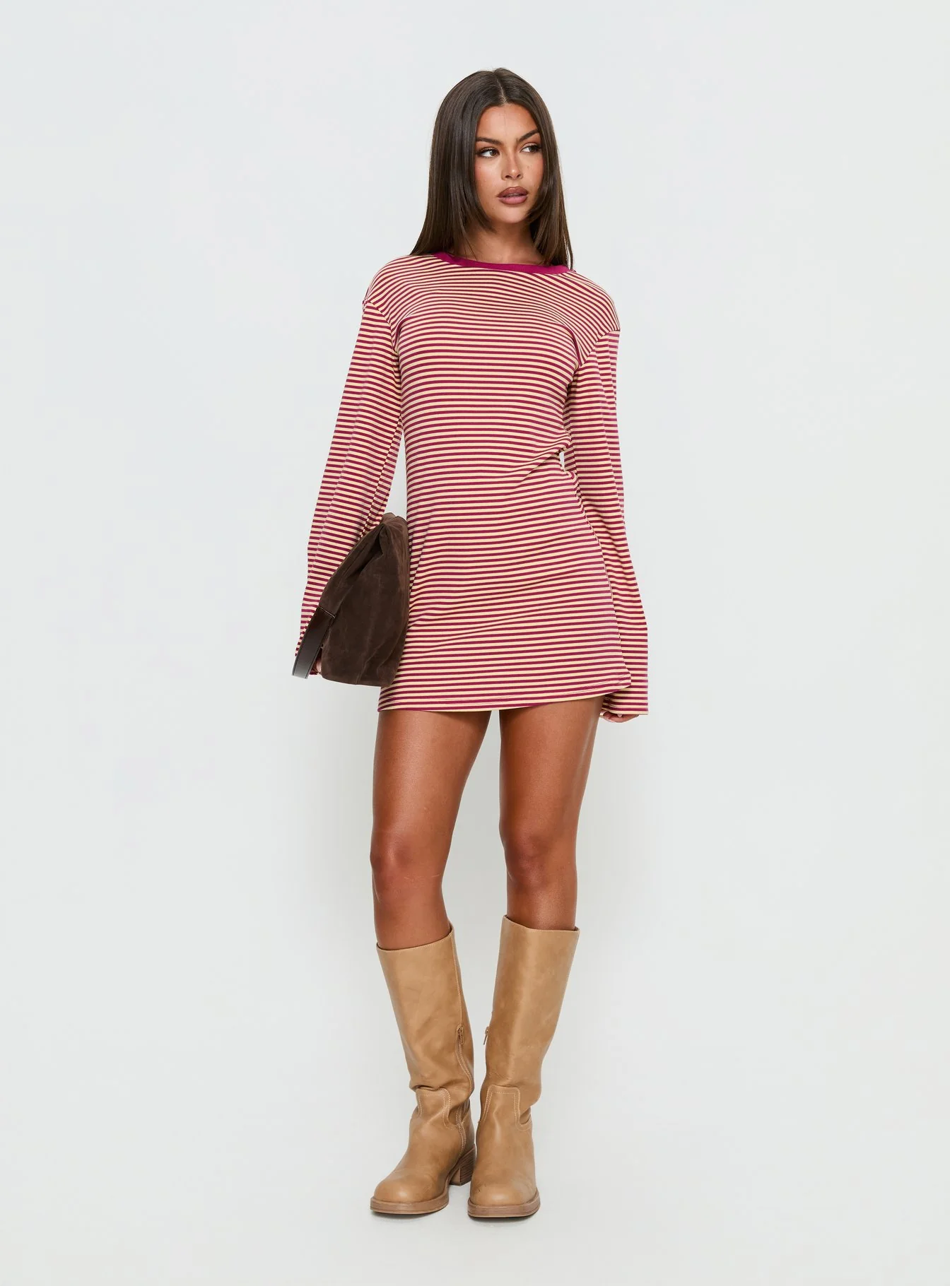Lulolah Long Sleeve Mini Dress Lemon / Burgundy Stripe