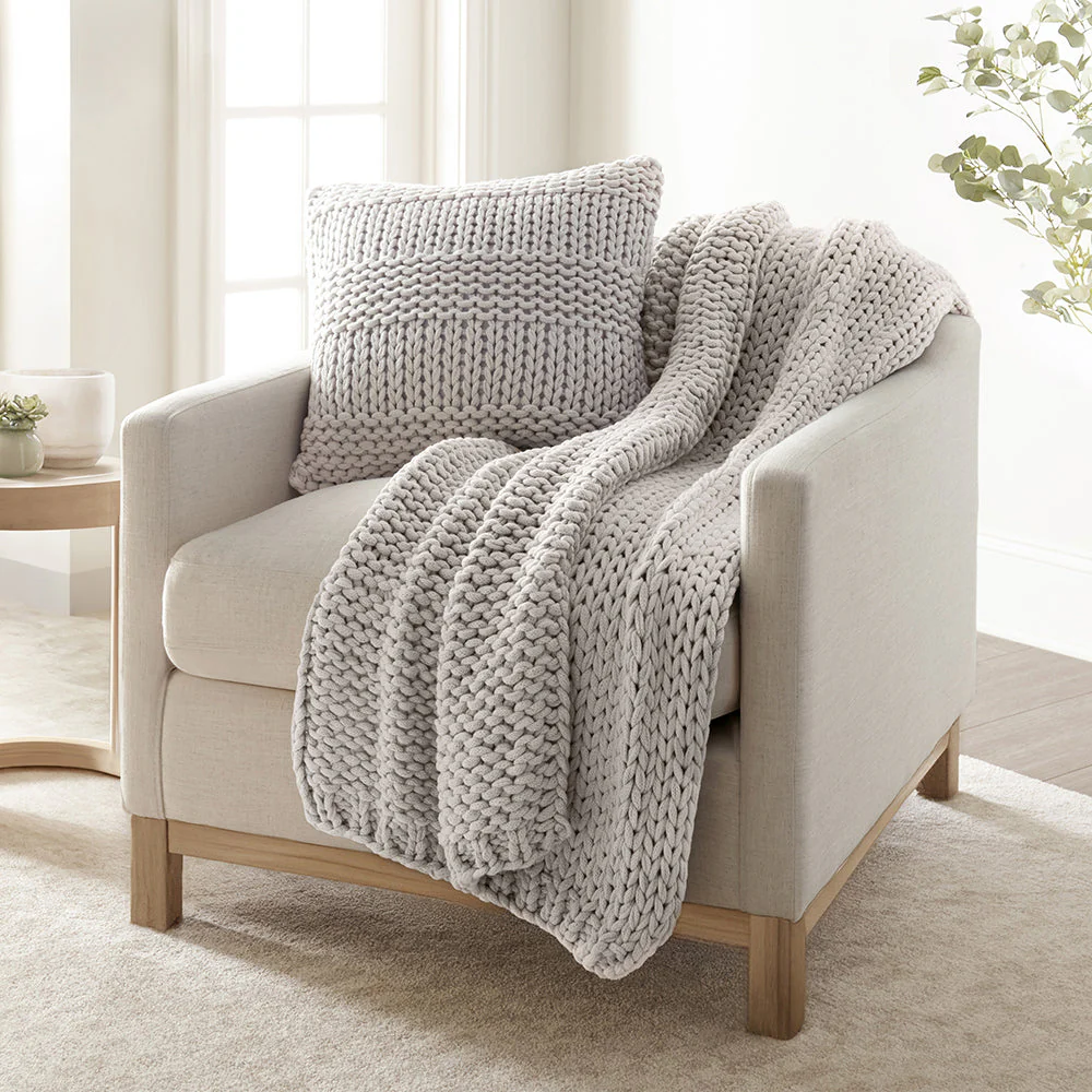 Chunky Knit Throw Blanket and Decor Pillow with Insert Bundle (Sale)