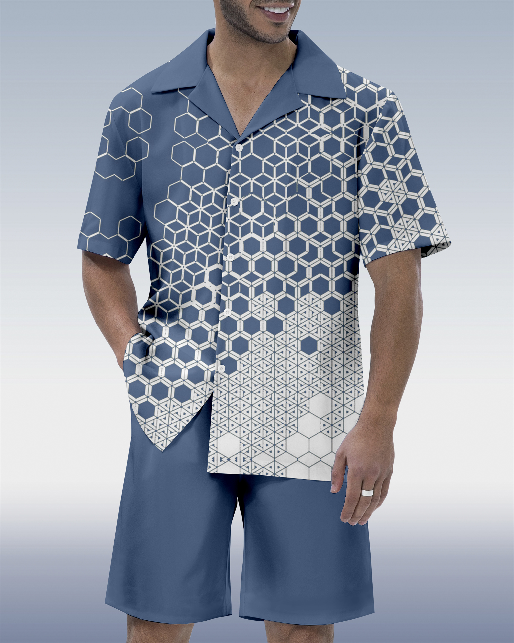 Men's Colorblock Geometric Hawaiian Cuban Collar Short Sleeve Shirt Set 07