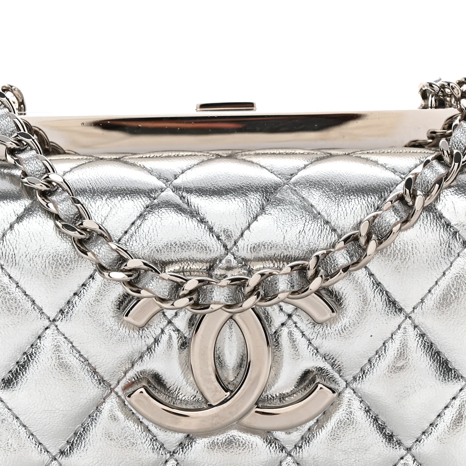 Metallic Calfskin Quilted Box Crossbody Silver - Top Club