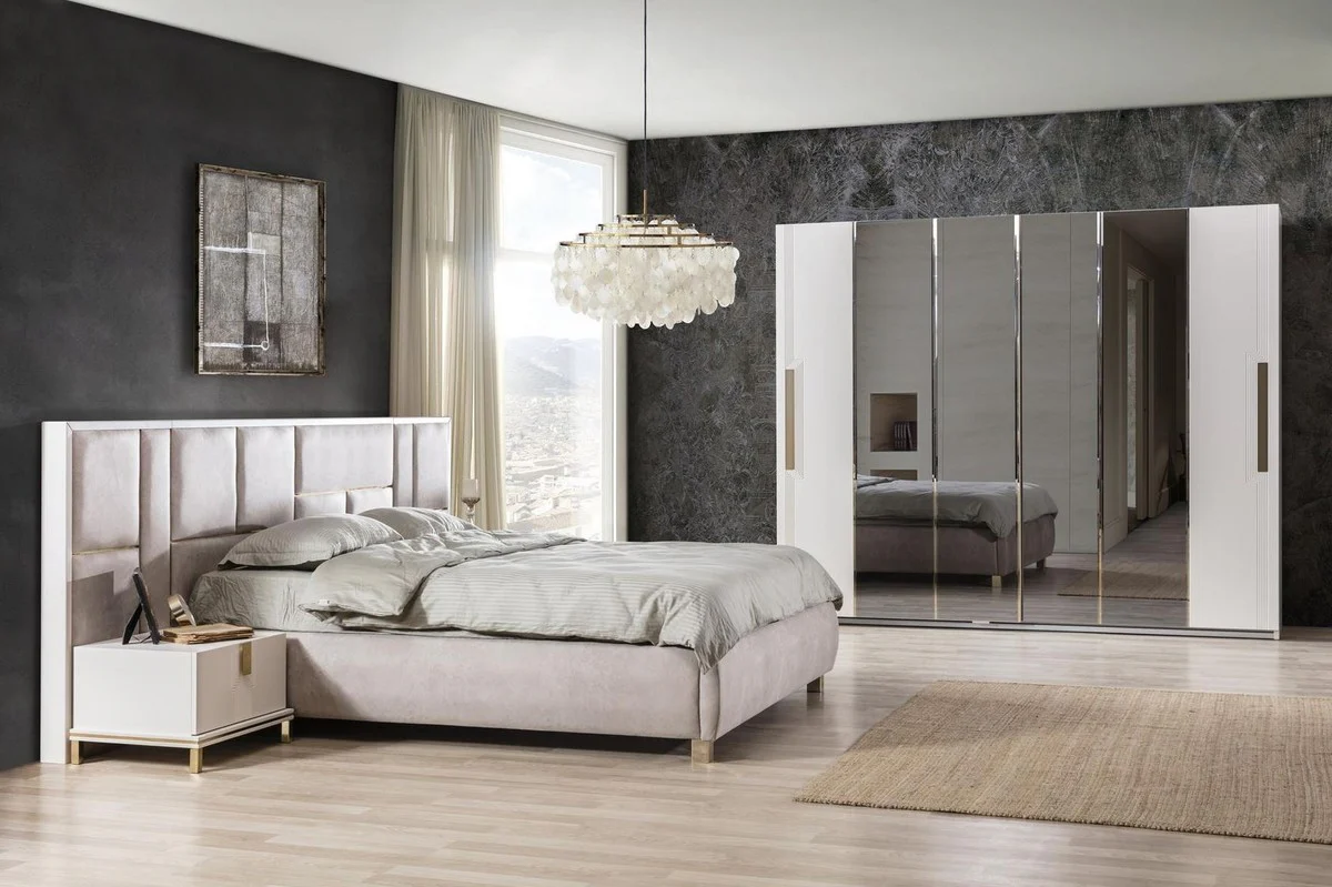 Luxury Solid Wood Bedroom Set Gray / White / Gold - 1 Double Bed with Headboard & 2 Bedside Tables - Luxury Bedroom Furniture