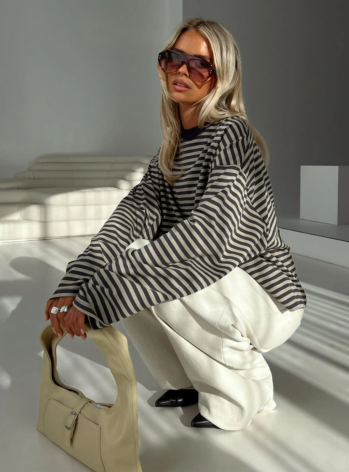 Bloom Long Sleeve Top Beige Stripe