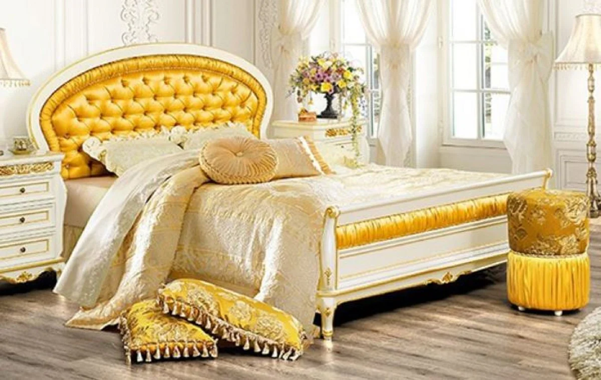 Luxury baroque double bed with glittering stones gold / white - magnificent solid wood bed - luxury bedroom furniture in baroque style - baroque bedroom furniture - noble & magnificent