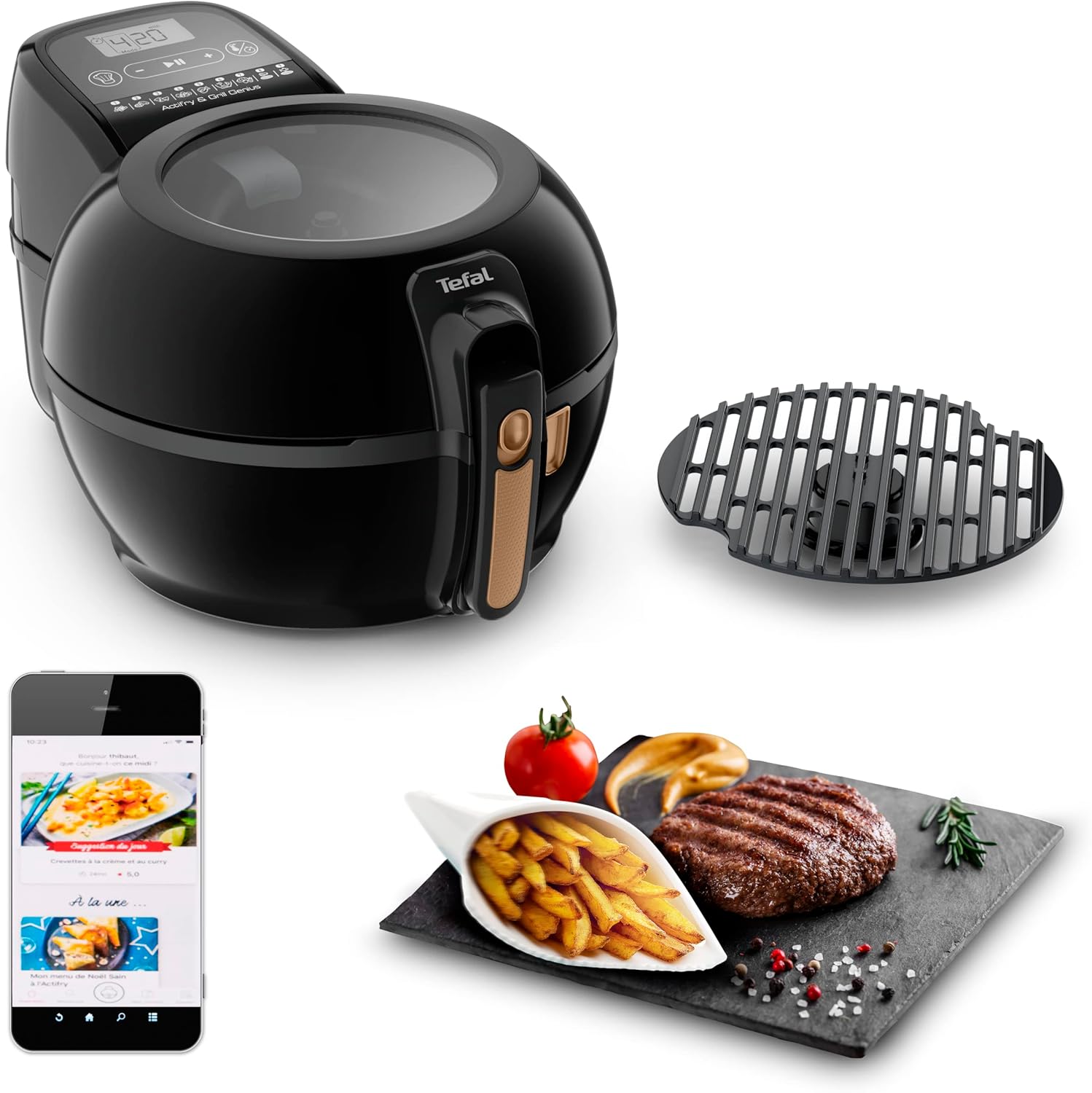 Tefal Actifry & Grill Genius Friggitrice senza olio Funzione grill, 9 menu automatici, griglia inclusa, libro di ricette digitale, prodotto in Francia, air fryer FZ775810, nero