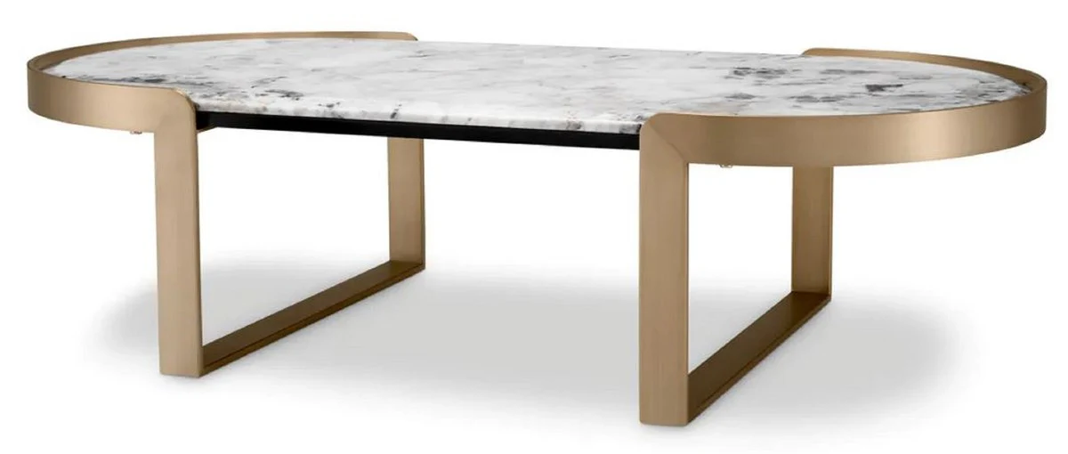Luxury coffee table brass / white 120 x 60.5 x H. 32.5 cm - Oval living room table with marble top - Living room furniture - Luxury furniture - Luxury collection
