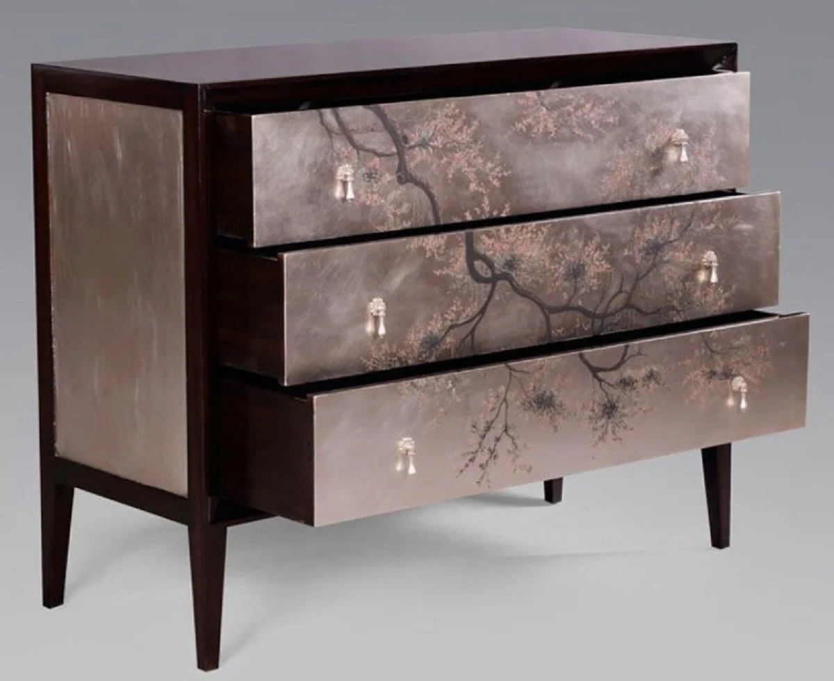 Luxury Art Deco chest of drawers dark brown / multicolored 120 x 49 x H. 94 cm - Noble mahogany chest of drawers with 3 drawers and elegant Japanese design - Luxury furniture