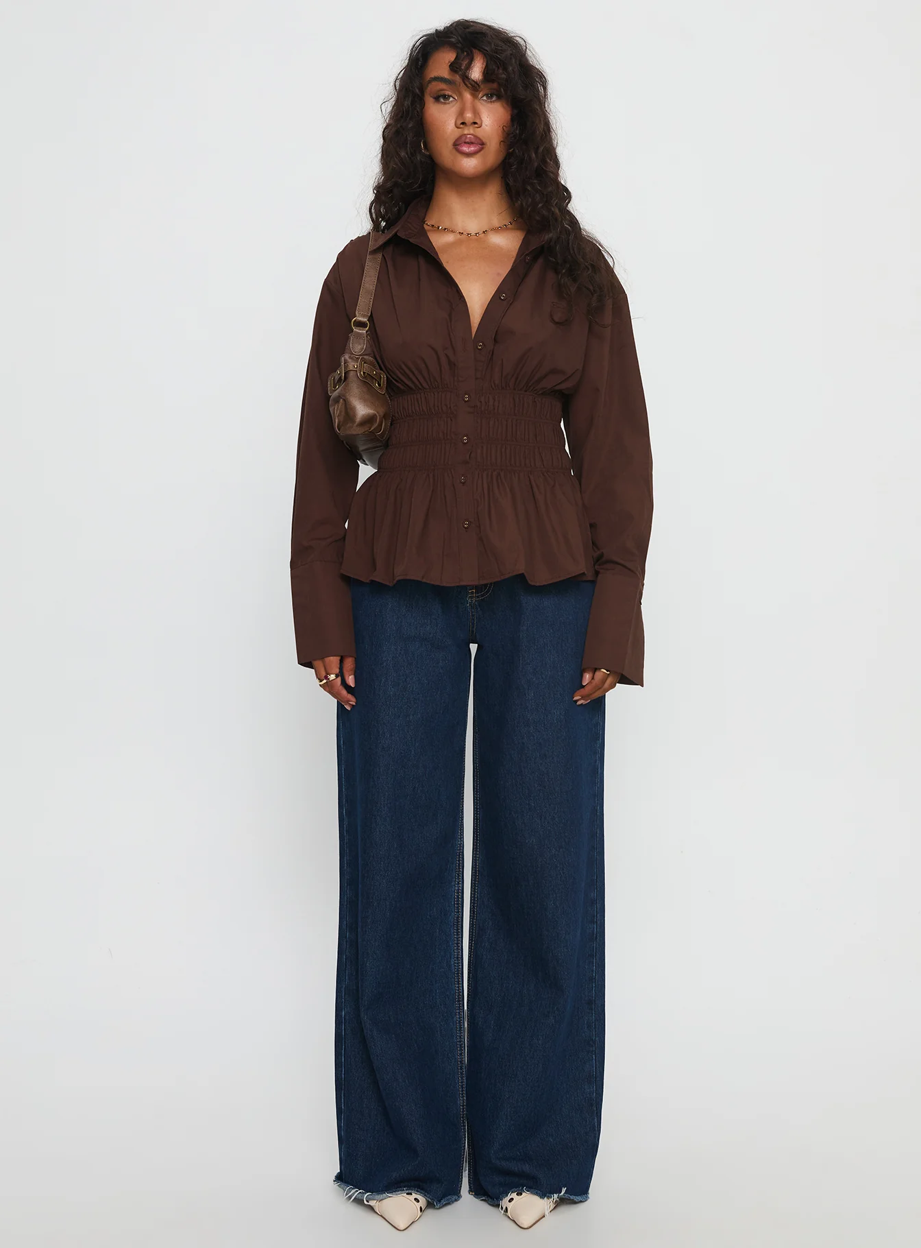 As You Are Shirred Button Up Top Chocolate