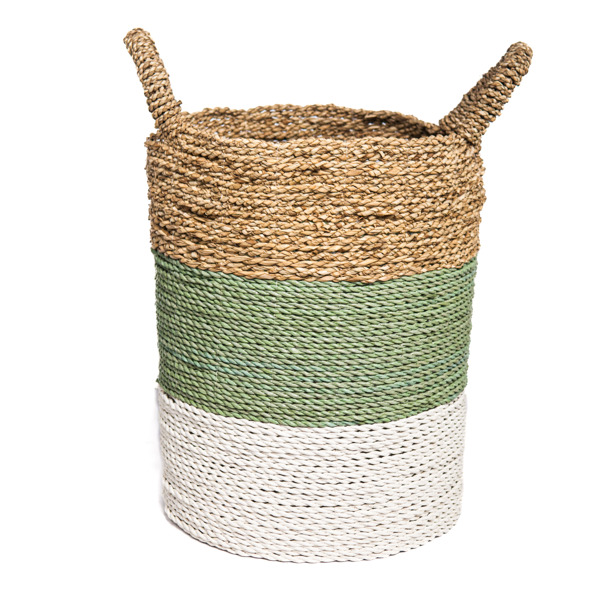 Seagrass gevlochten mand natural/groen-grijs/wit L