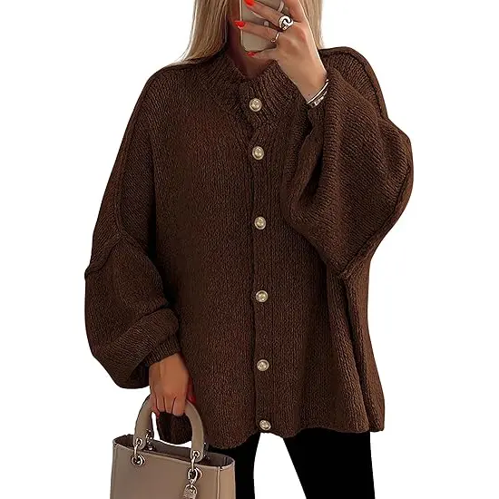 PrettyGarden Women's Winter Button Down Cardigan Sweaters Mock Neck Lantern Long Sleeve Chunky Knit Jacket Trendy Outerwear