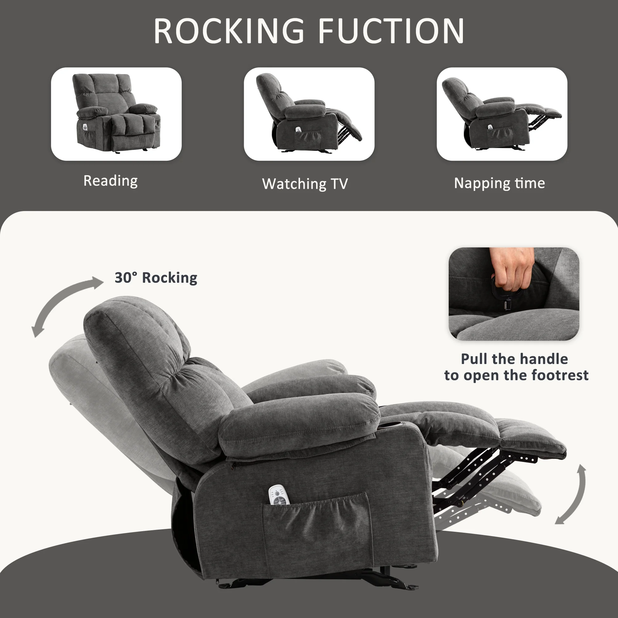 JONPONY Manual Recliner Chair with Heat Therapy and Massage Function, Heavy Duty Reclining Mechanism Massage Chair, Elderly Single Rocker Sofa with Cup Holders for Bedroom Home Theater, Grey