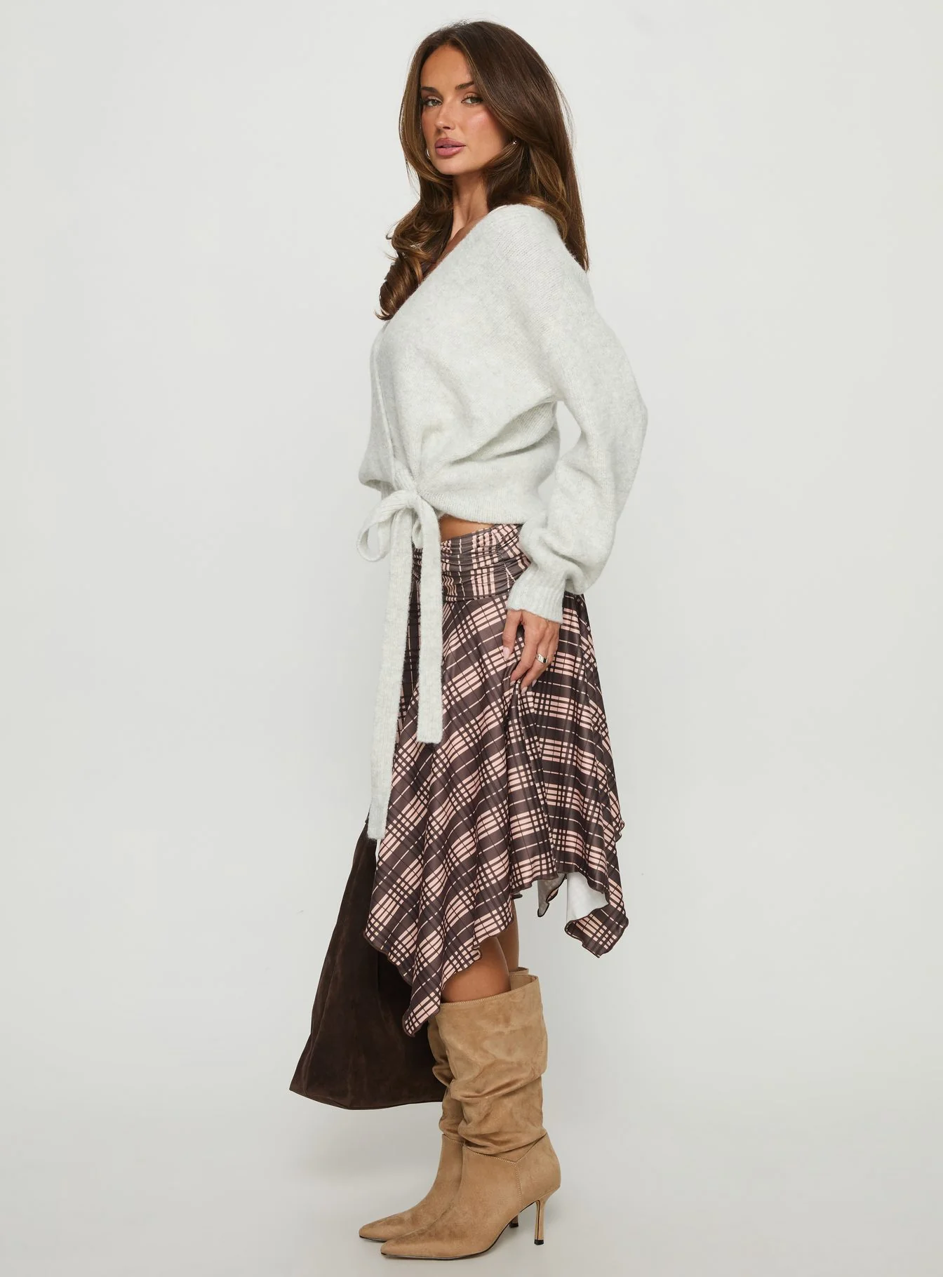 Scholar Asymmetrical Midi Skirt Brown Check