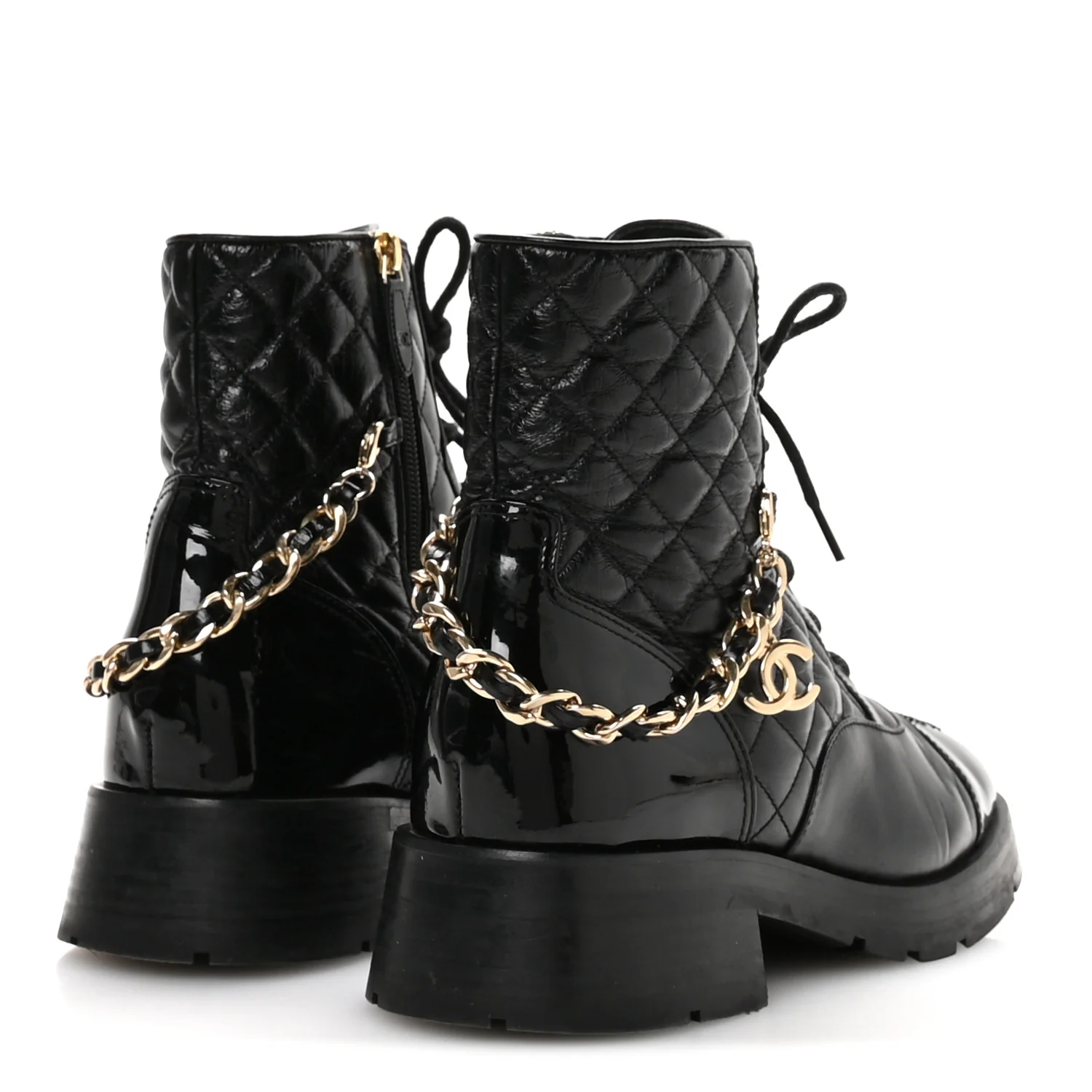 Shiny Calfskin Patent Quilted Chain Lace Up Combat Boots 40.5 Black - Top Club