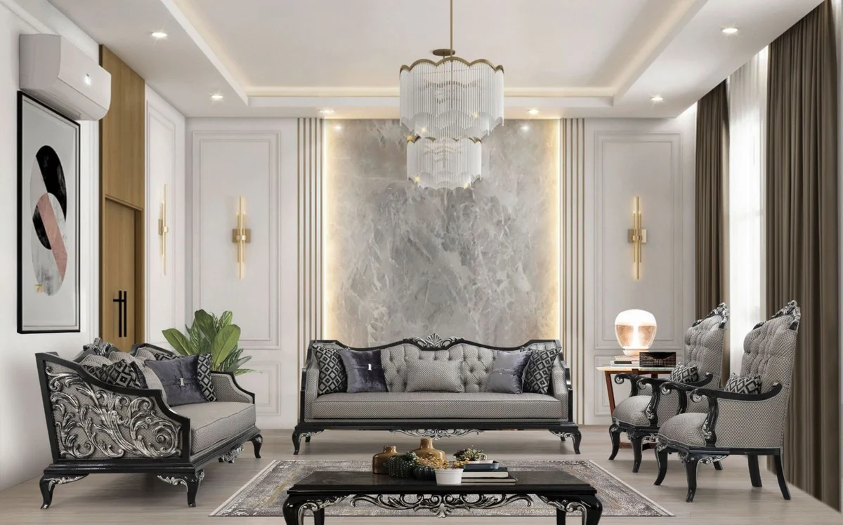 Luxury Baroque Living Room Set Silver / Black - 2 Sofas & 2 Armchairs & 1 Coffee Table - Handmade Baroque Living Room Furniture - Noble & Magnificent