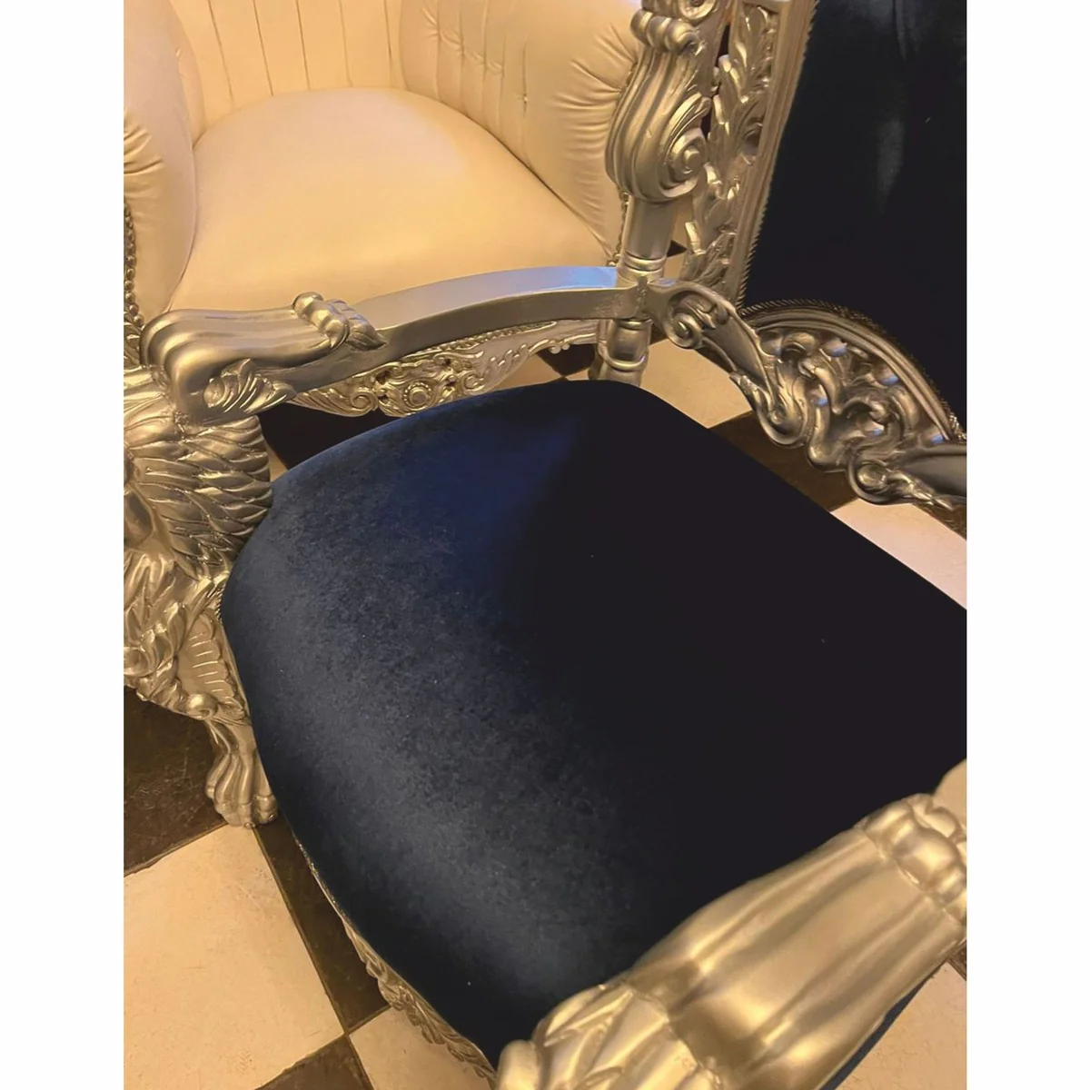 Luxury baroque throne armchair with glittering stones dark blue / silver - baroque furniture