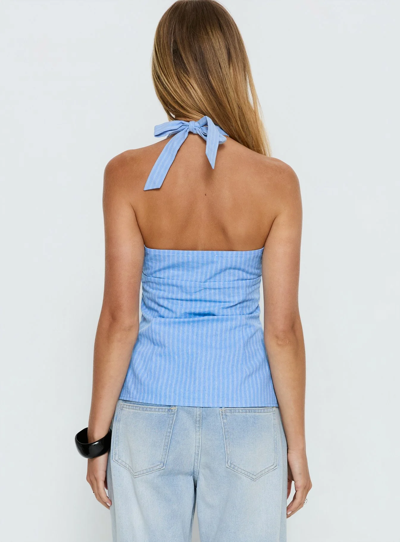 Sensational Cross Front Tie Detail Top Blue Stripe