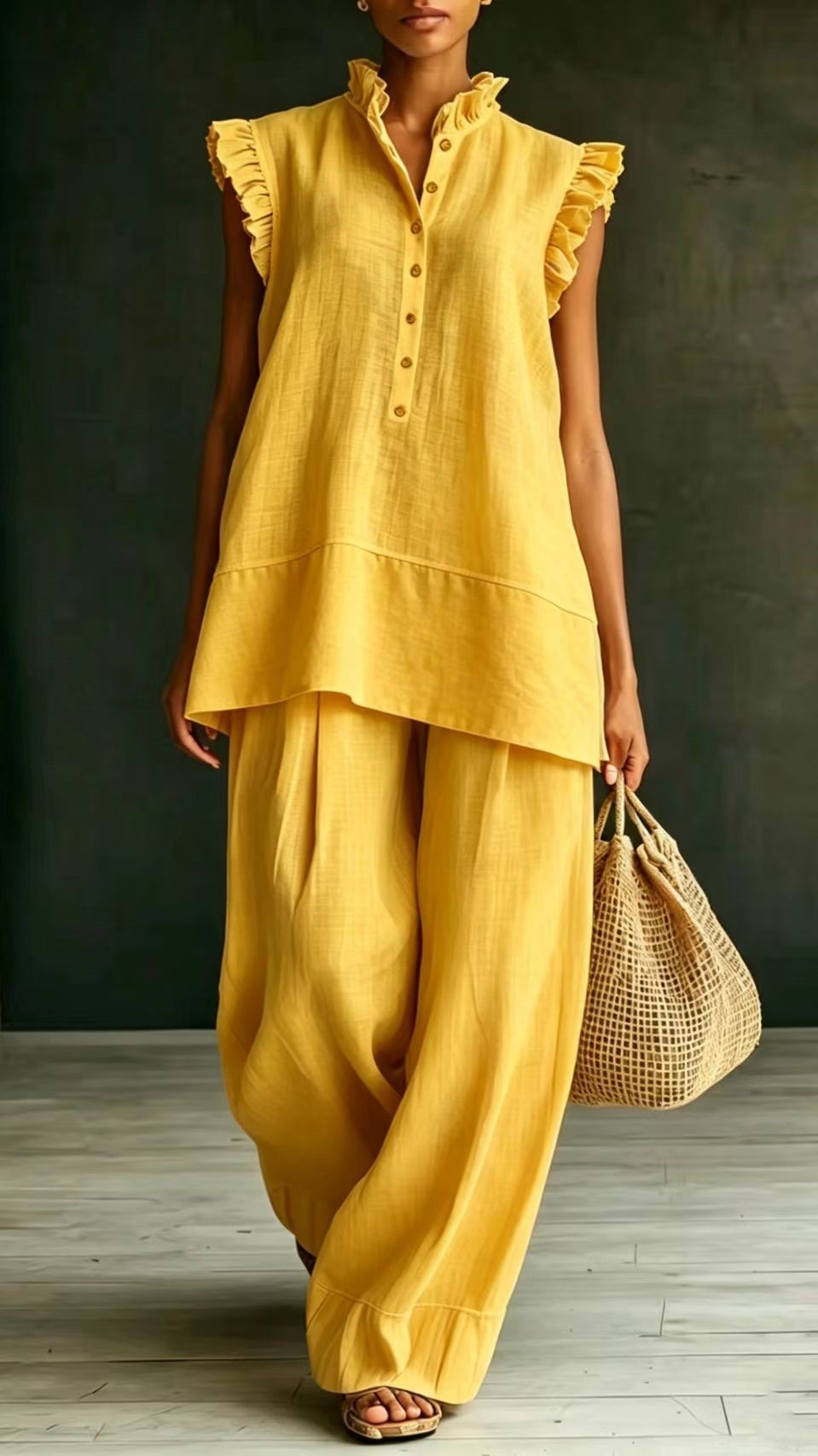 Women's Ruffled Sleeveless Shirt and Loose-Fit Trousers Two-Piece Set - Nordfashionstorm - Women's Clothing, Fashion for You - Nordfashionstorm.com