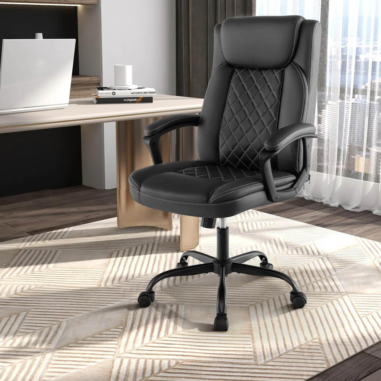 BEFOUNDLOVELY Executive Office Chair, Leather Like Desk Chair with Thick Headrest Cushion & Padded Armrests