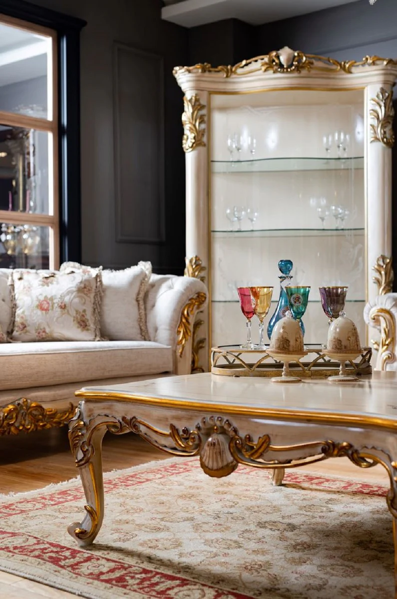 Luxury baroque display cabinet white / beige / gold - handmade solid wood display cabinet with glass door - baroque furniture