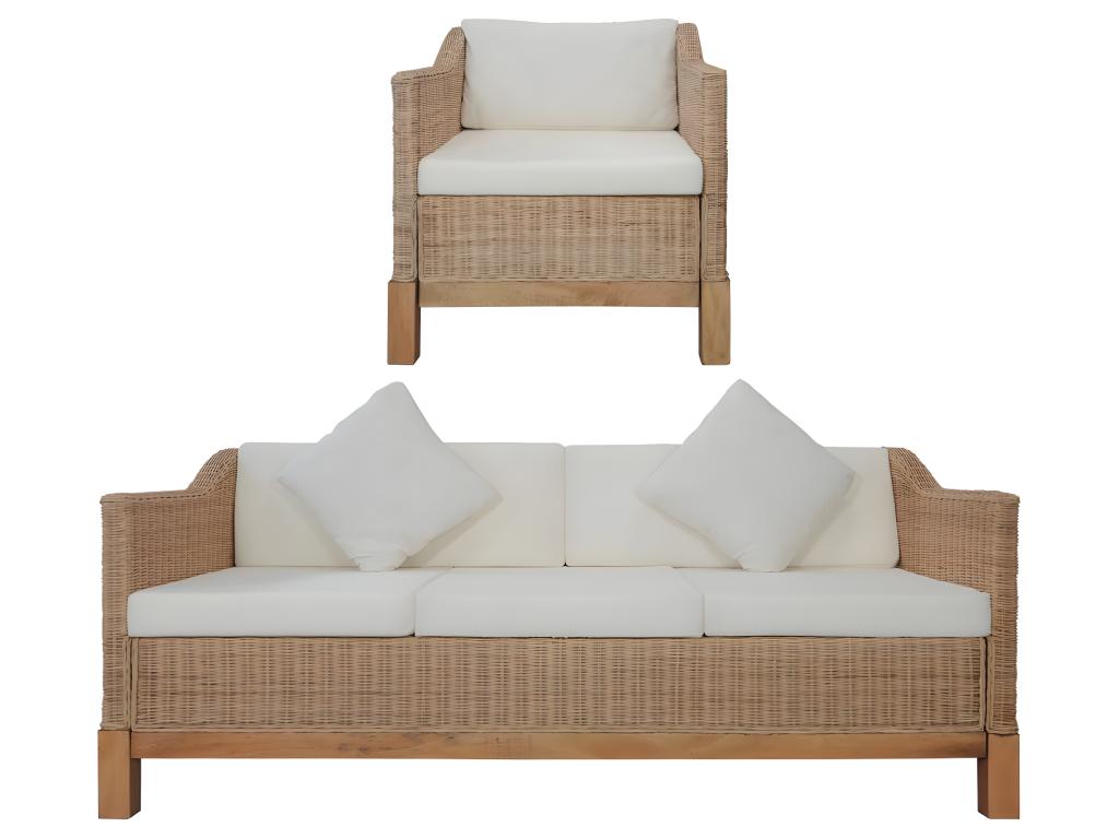 Conjunto de sofás 2 piezas con cojines ratán natural