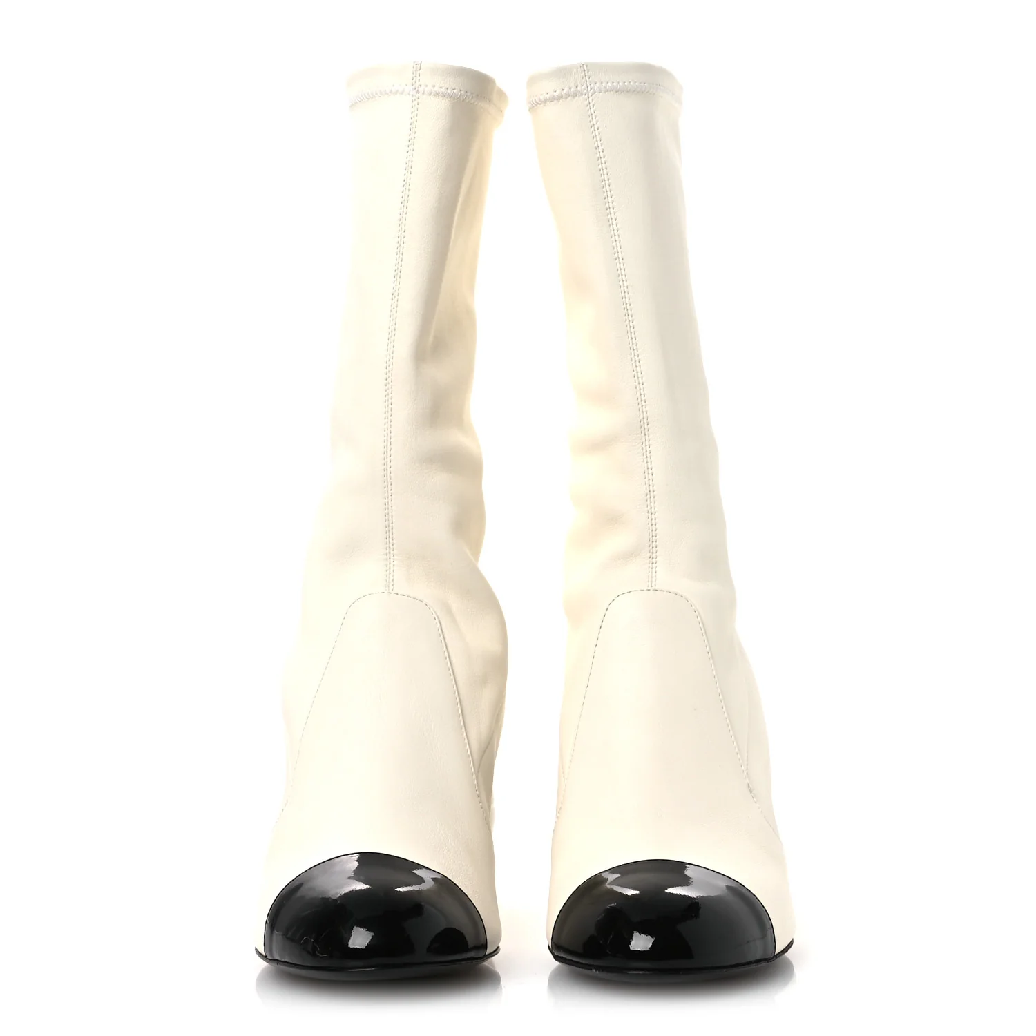 Stretch Lambskin Patent Cap Toe Pearl Ball Mid Calf Boots 39 White Black - Top Club