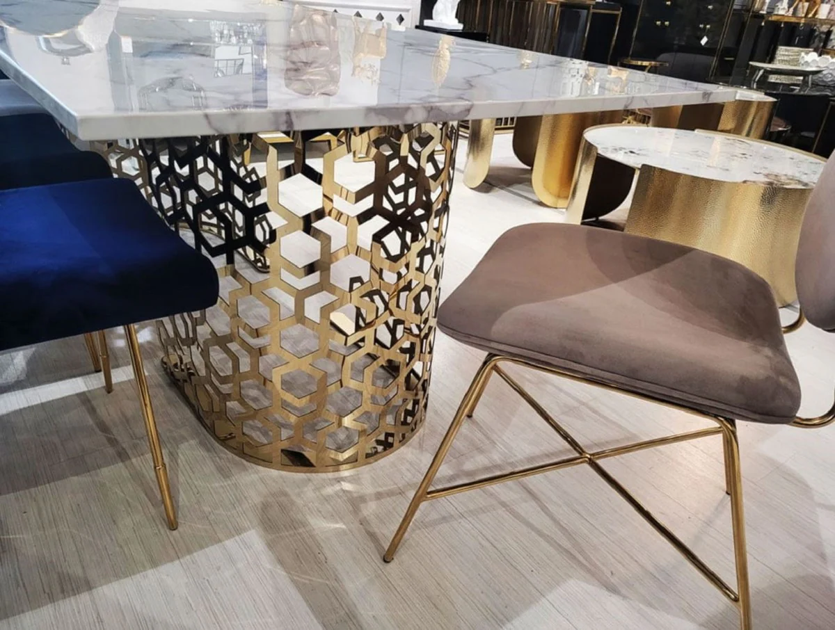 Luxury dining table white / gold 200 x 100 x H. 76 cm - Dining room table with artificial marble table top - Dining room furniture - Luxury furniture - Luxury furnishings