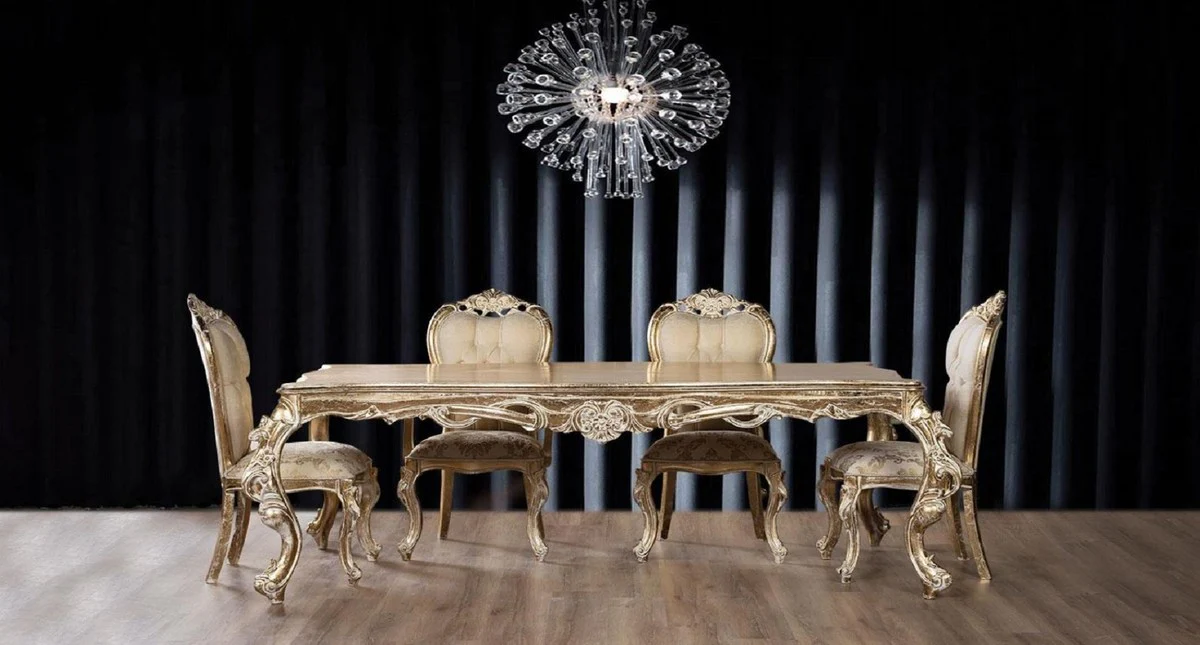 Luxury Baroque Dining Room Set Beige / Gold / Antique Gold - 1 Baroque Dining Table & 6 Baroque Dining Chairs - Dining Room Furniture in Baroque Style - Noble & Magnificent