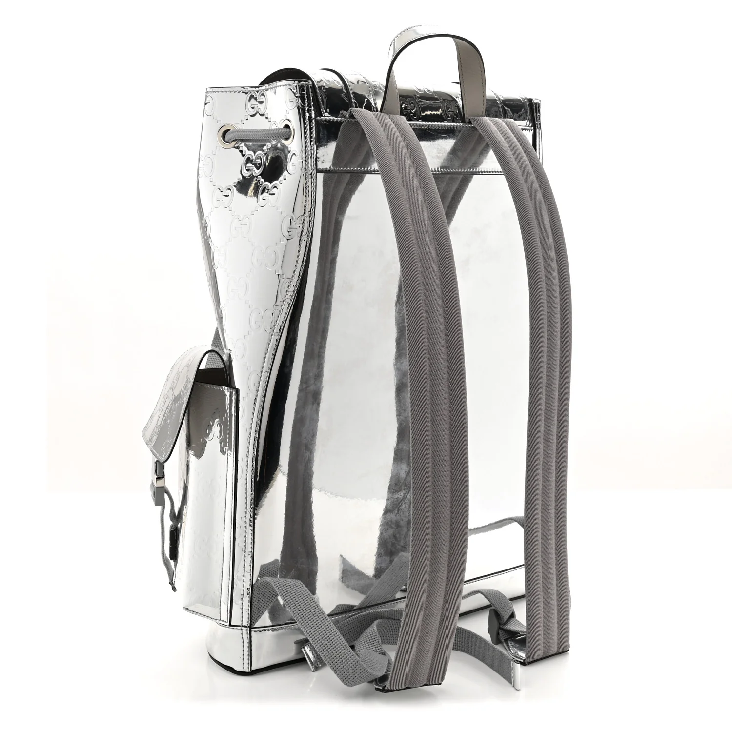 Mirror Effect GG Monogram Appia Calfskin Web Double Buckle Backpack Silver - Top Club