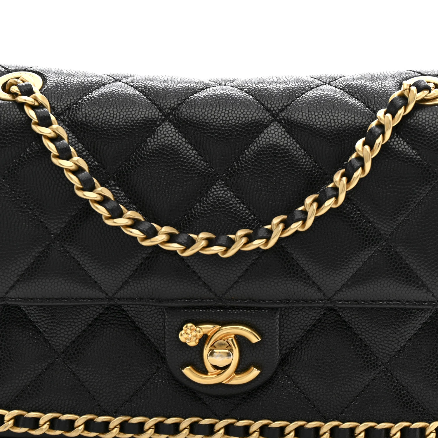 Caviar Quilted Camellia Chain Around Flap Black - Top Club