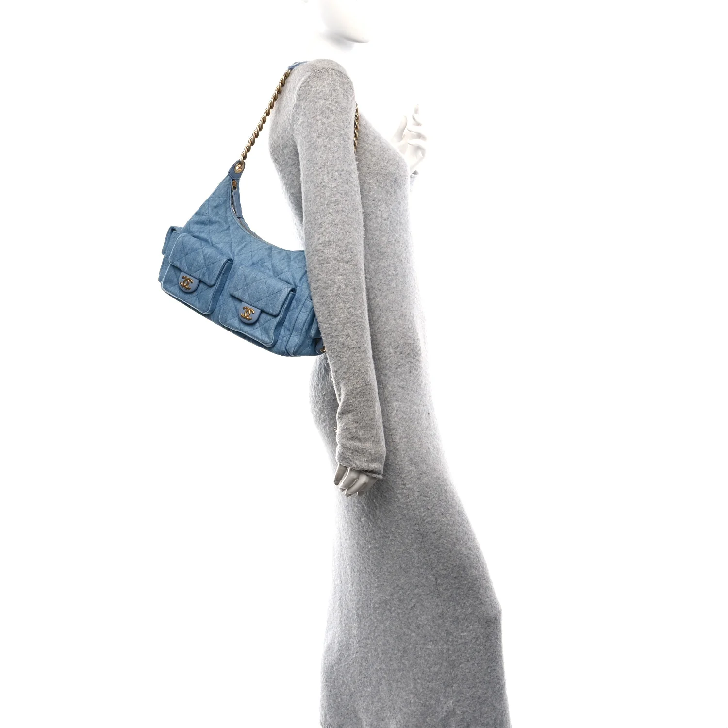 Washed Denim Quilted Large Trendy Pockets Hobo Blue - Top Club
