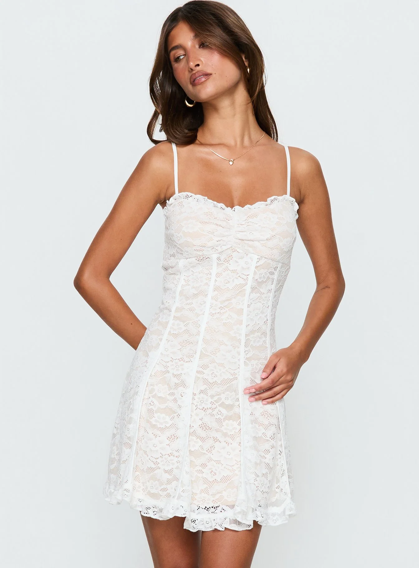 Edora Lace Pleat Mini Dress White