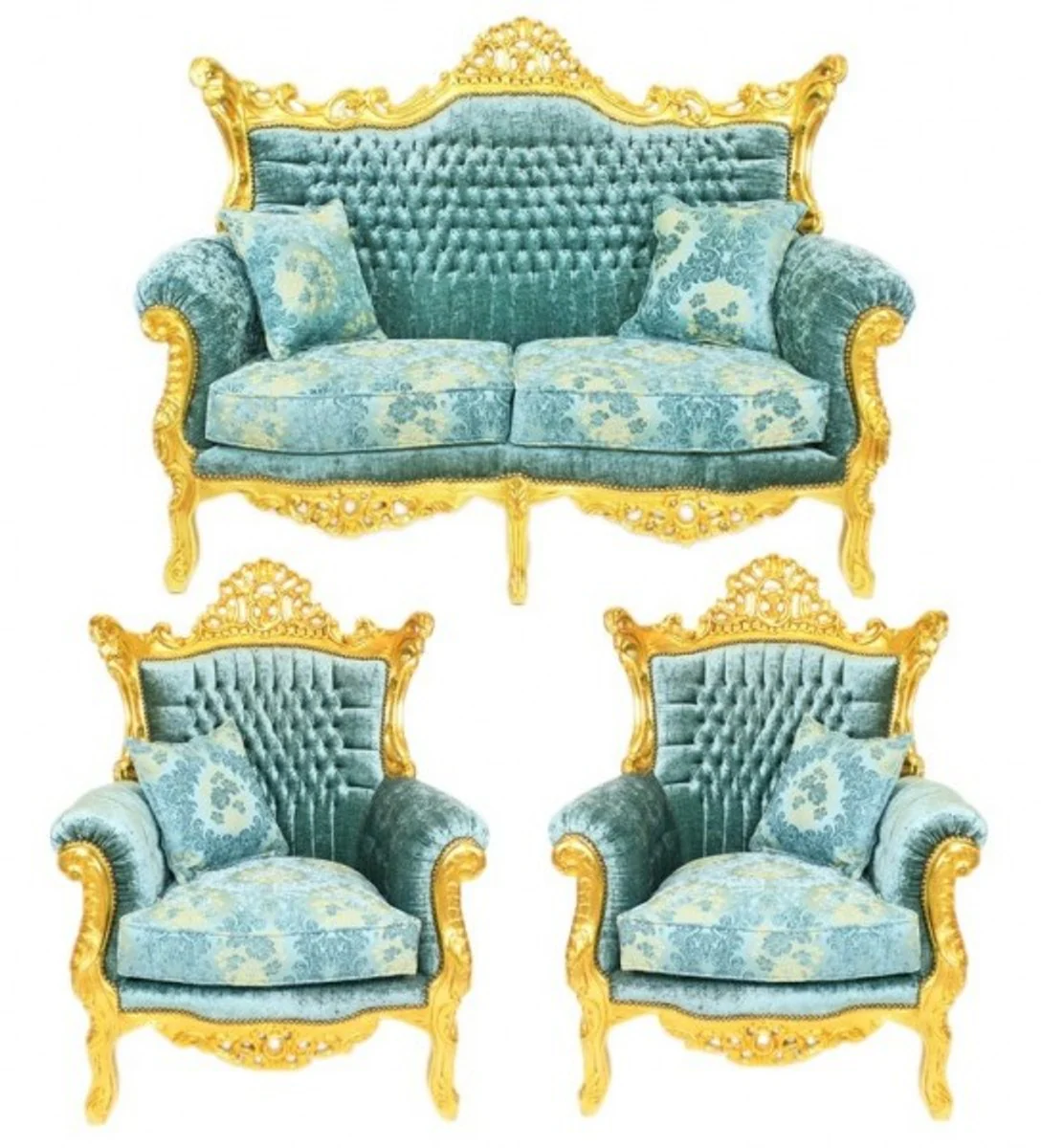 Baroque living room set Master turquoise-blue pattern velvet fabric / gold - 2 sofa + 2 armchairs - Limited Edition!