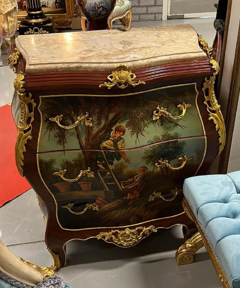 Baroque chest of drawers brown / gold / multicolored / cream - handmade solid wood chest of drawers with 3 drawers and marble top - baroque furniture