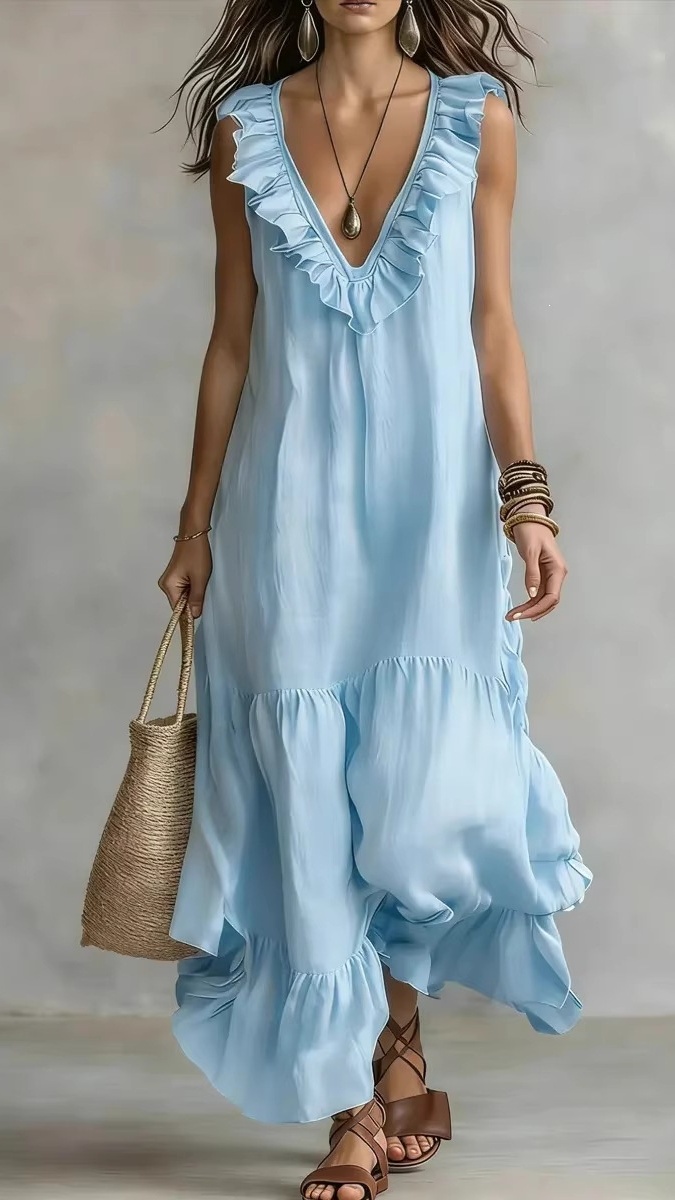 Women's Solid-Color Sleeveless Cotton-Linen V-Neck Flared Dress - Nordfashionstorm - Women's Clothing, Fashion for You - Nordfashionstorm.com