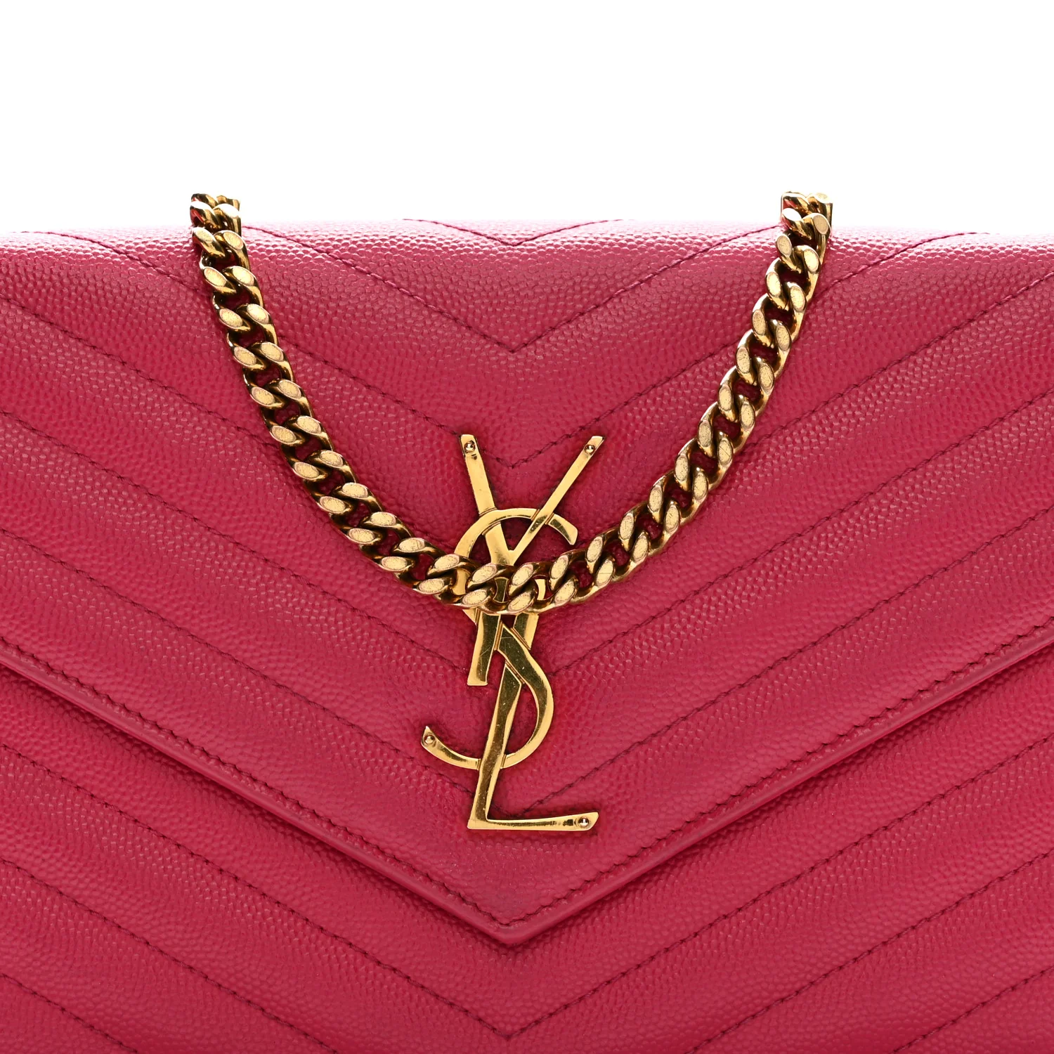 Grain De Poudre Matelasse Chevron Monogram Chain Wallet Lipstick Fuchsia - Top Club