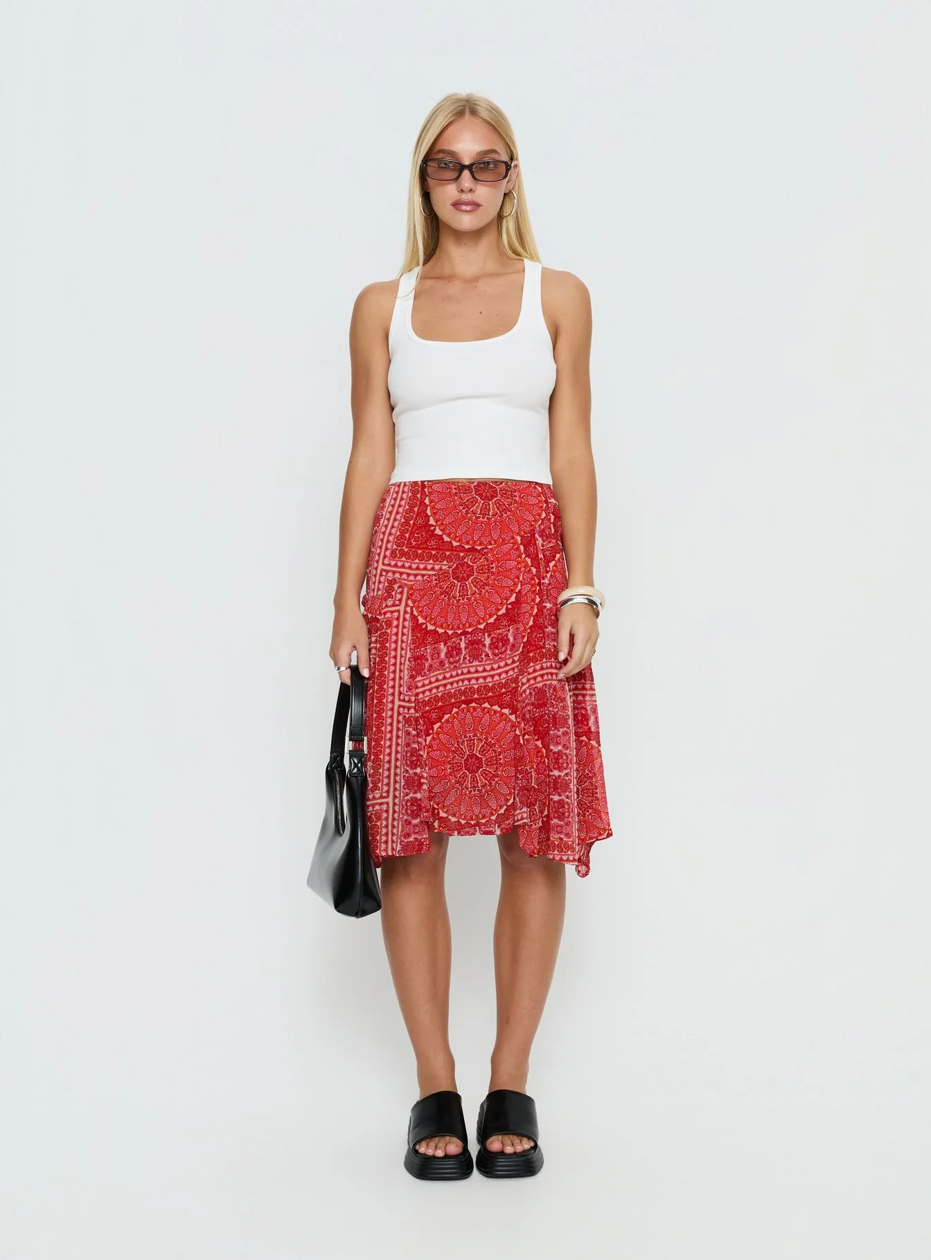 Raenah Asymmetrical Midi Skirt Red Paisley
