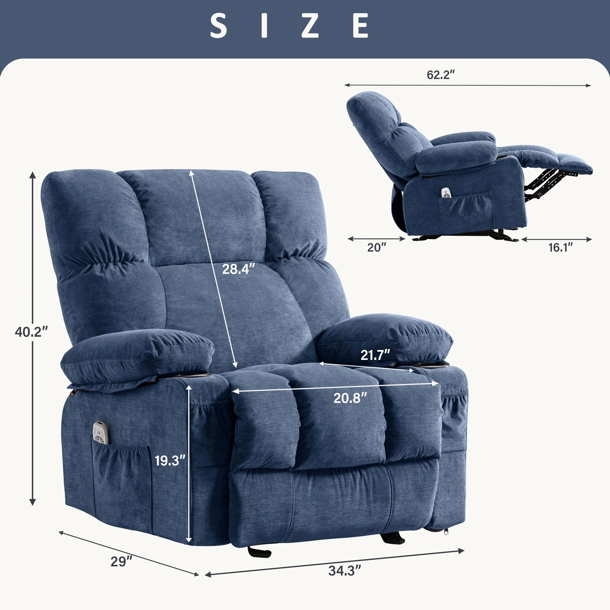 JONPONY Manual Recliner Chair with Heat Therapy and Massage Function, Heavy Duty Reclining Mechanism Massage Chair, Elderly Single Rocker Sofa with Cup Holders for Bedroom Home Theater, Grey