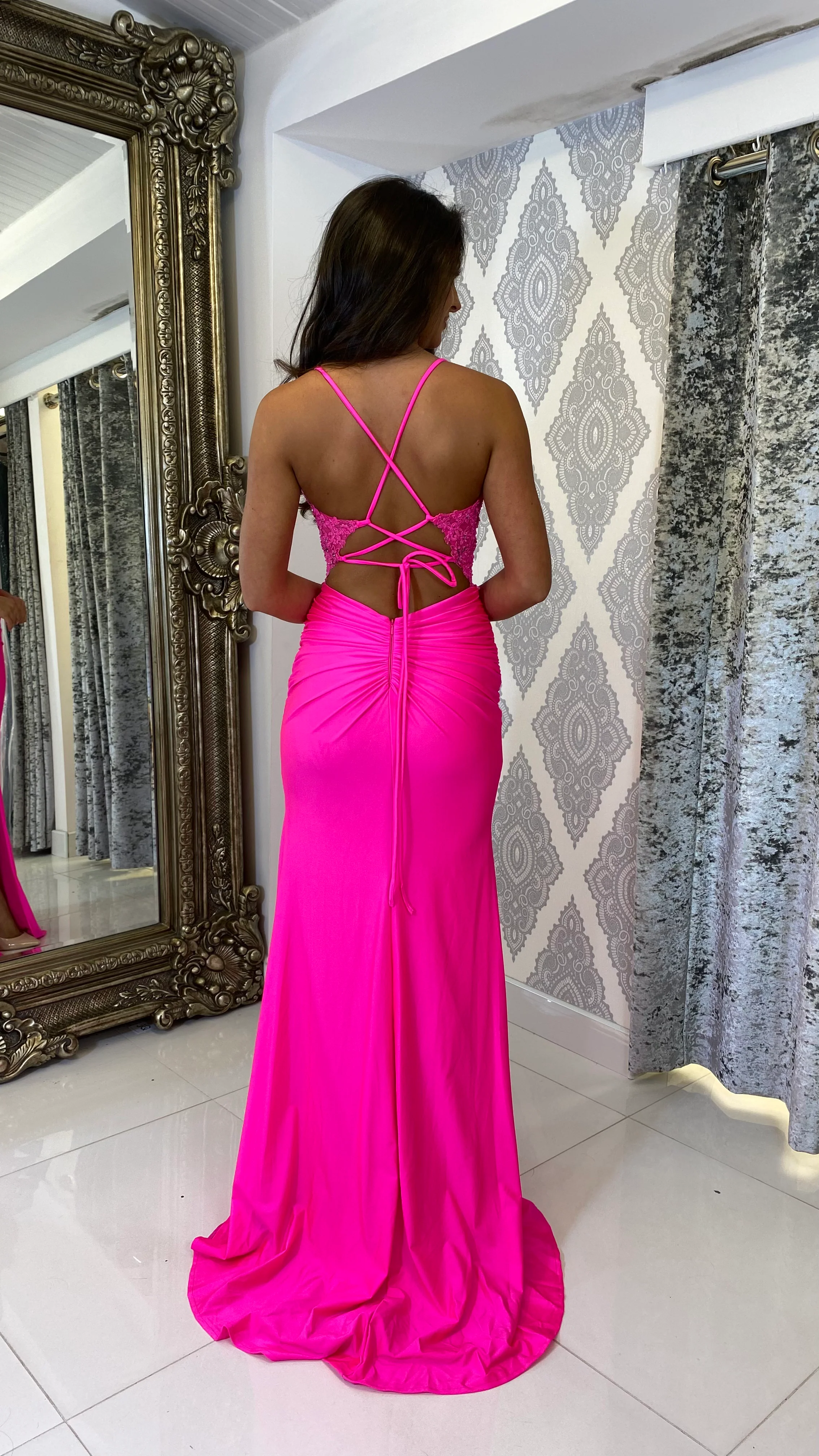Hot Pink Corset Lace Formal Gown