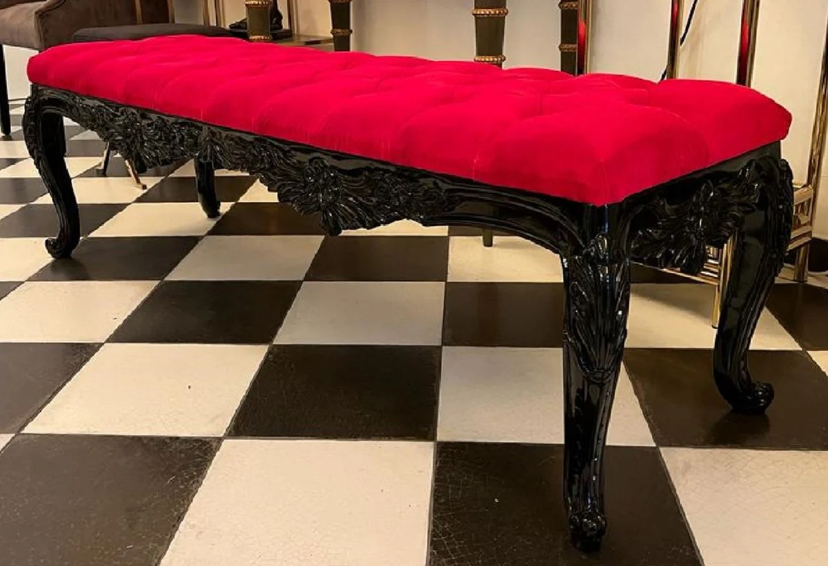 Baroque bench red / black - Padded solid wood bench with elegant velvet fabric and glittering stones - Handcrafted baroque furniture - Noble & magnificent