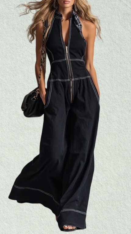 Women's Stylish & Elegant Sleeveless Wide-Leg Jumpsuit with Front Zipper - Nordfashionstorm - Women's Clothing, Fashion for You - Nordfashionstorm.com