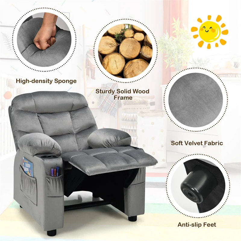 Kids Recliner Chair Adjustable Velvet Lounge Sofa with Cup Holders, 3 Pockets, Retractable Footrest, Toddler Furniture Sofa for Boys Girls Room