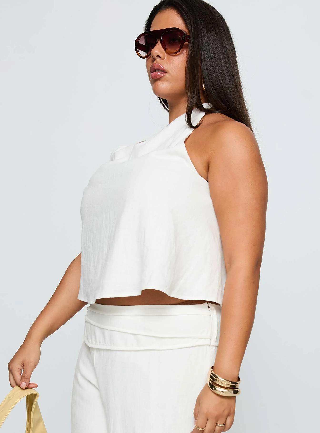 Aquaria Halter Linen Blend Top White Curve