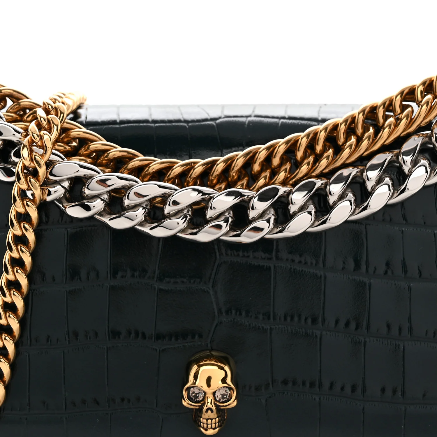 Glazed Calfskin Crocodile Embossed Small Skull Shoulder Bag Green - Top Club