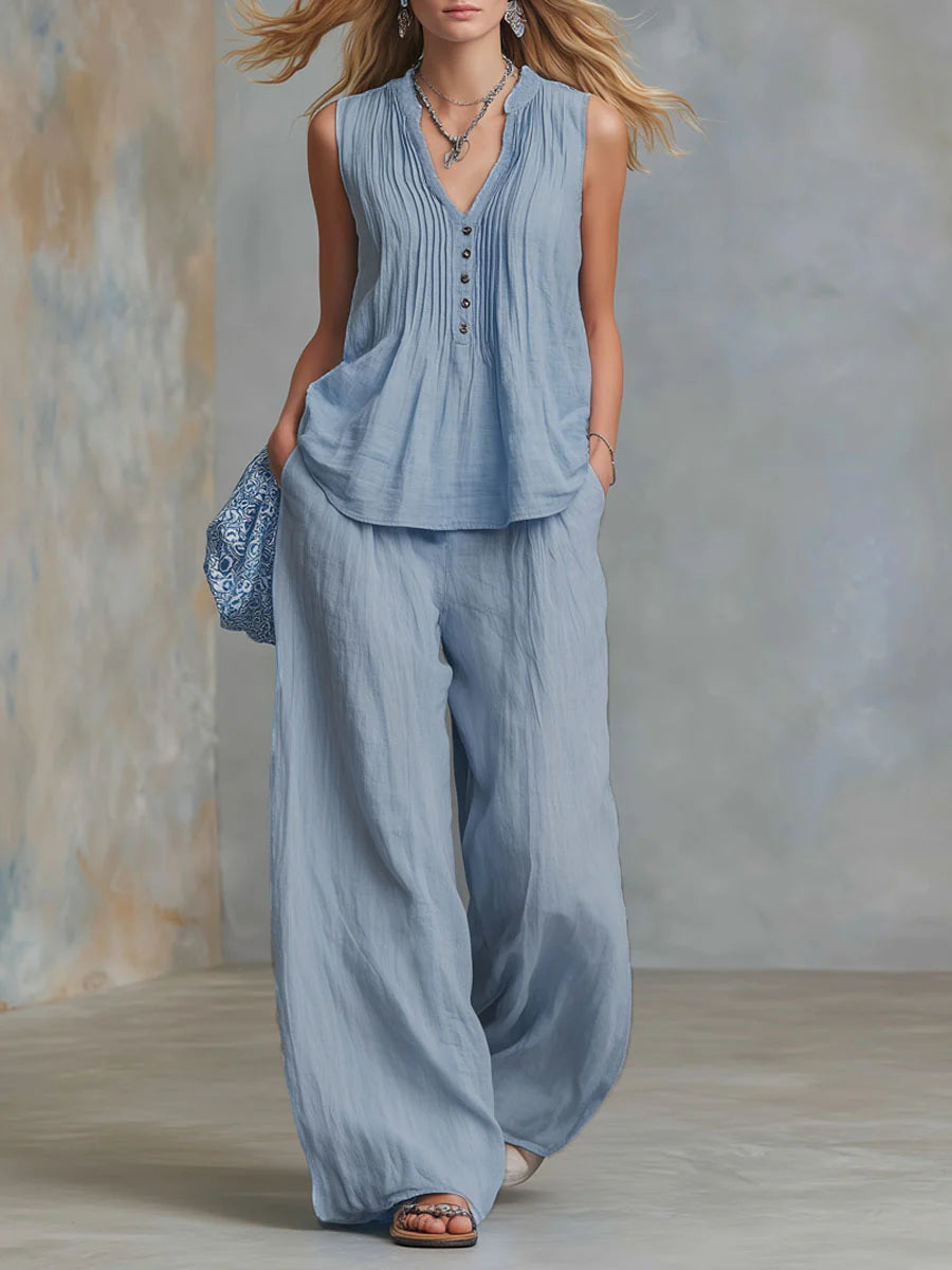 Plus Size Friendly Casual Linen And Cotton Pleated Sleeveless Top And Pants Two-piece Set - Nordfashionstorm - Women's Clothing, Fashion for You - Nordfashionstorm.com