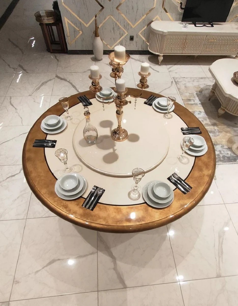 Luxury baroque dining table cream / gold - round solid wood dining room table with rotating middle section - elegant baroque hotel & restaurant furniture